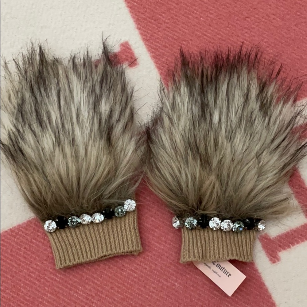 Juicy Couture Faux Fur Gloves with Rhinestones